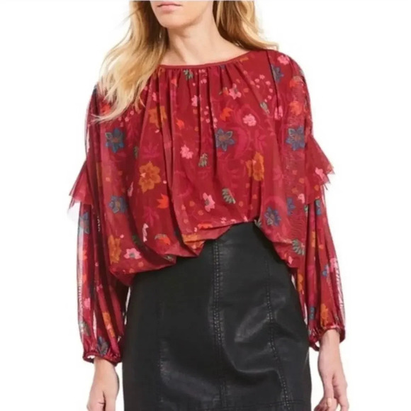 Free People Wildflower Honey Floral Flounce Top XS Red Berry Sheer Mesh - Picture 1 of 11